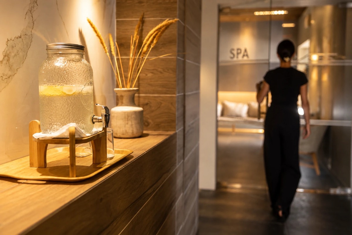 Pasillo de entrada al spa con agua con limón