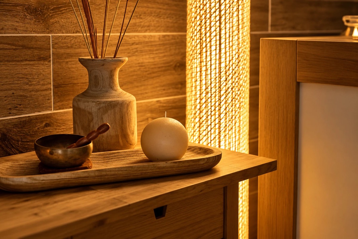 Cuenco tibetano, vela y jarrón de madera en una sala del spa